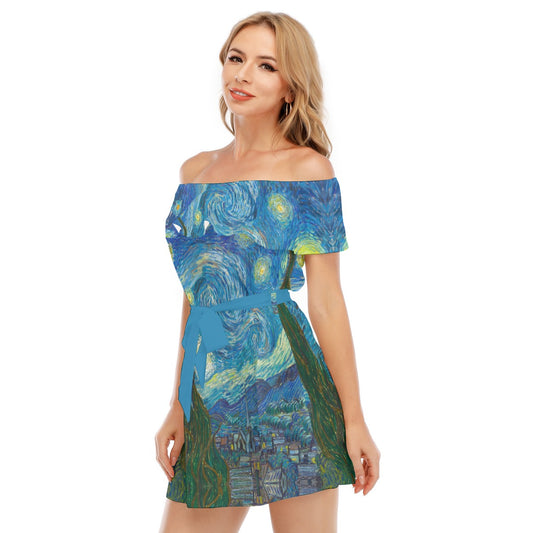 Van Gogh Starry Night - Women's Off-shoulder Ruffle Dress