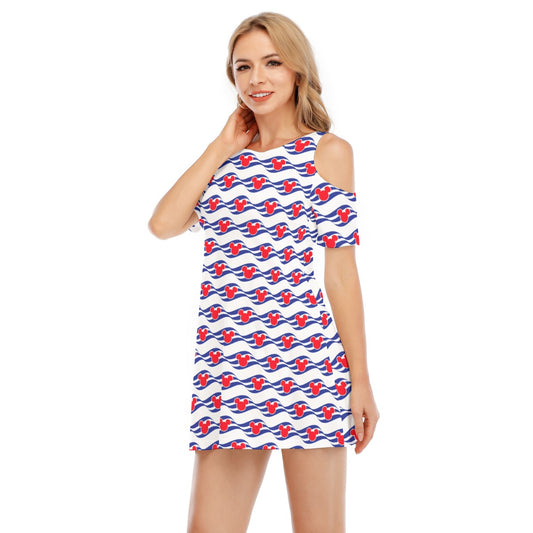 Nautical Cruise Logo Print - Women's Cold Shoulder Cotton Dress