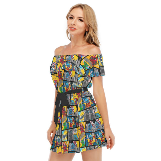 Superhero Stitch - Comic Action - Women's Off-shoulder Ruffle Dress