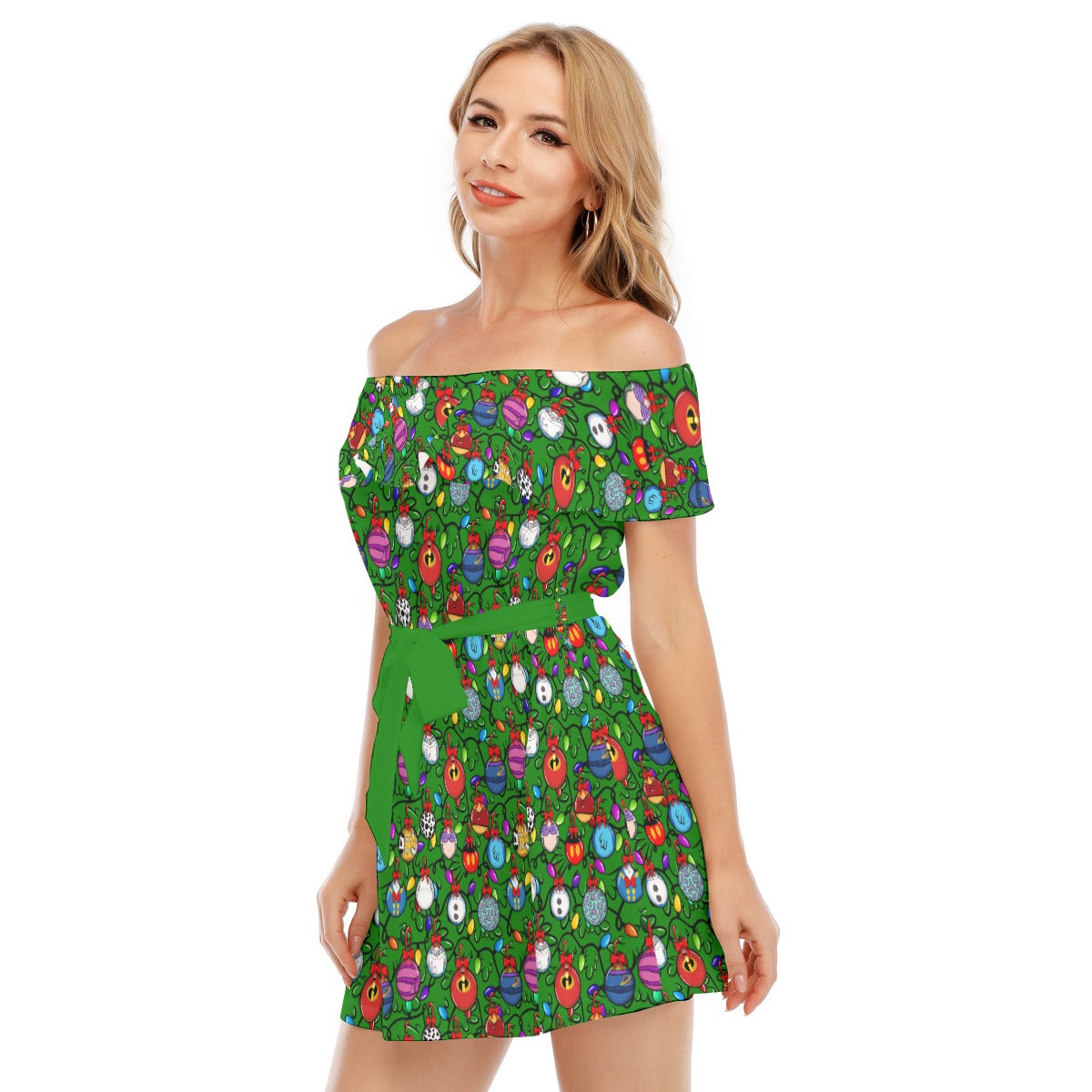Festive Character Baubles on Green - Women's Off-shoulder Ruffle Dress