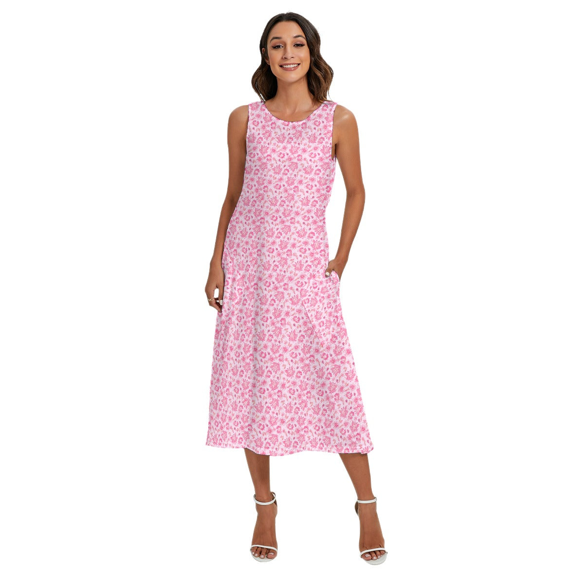 Pink Mushroom Moths - Women’s Diagonal Pocket Midi Dress