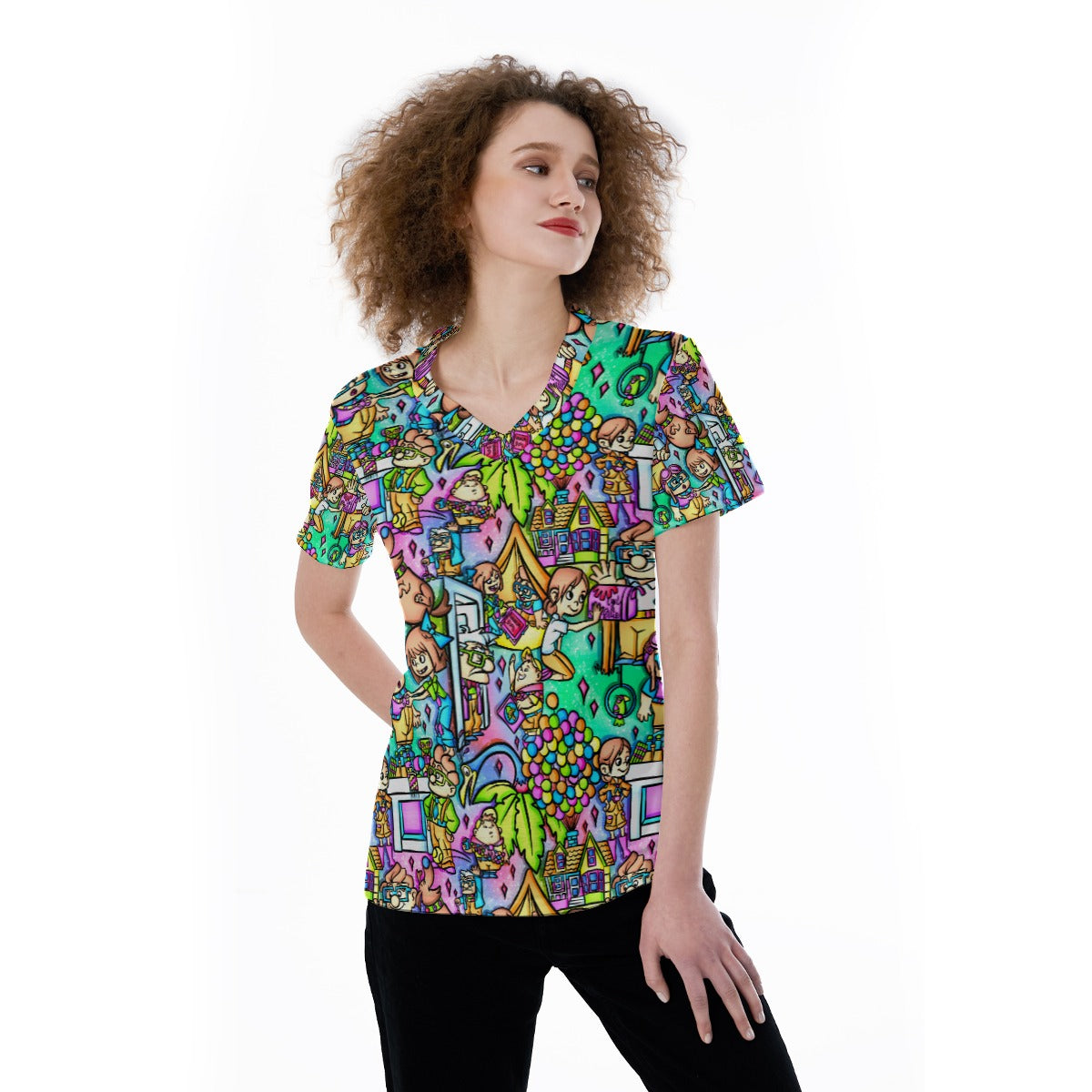 Balloon House Adventure Scenes - Women's Short Sleeve V-Neck T-Shirt