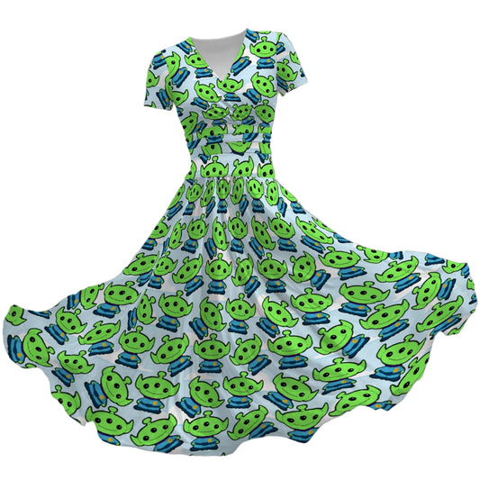 Little Green Space Aliens - Women's V-Neck Ruched Midi Dress