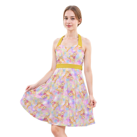 Watercolor Honey Bear - Women's Halter Vintage Pocket Dress