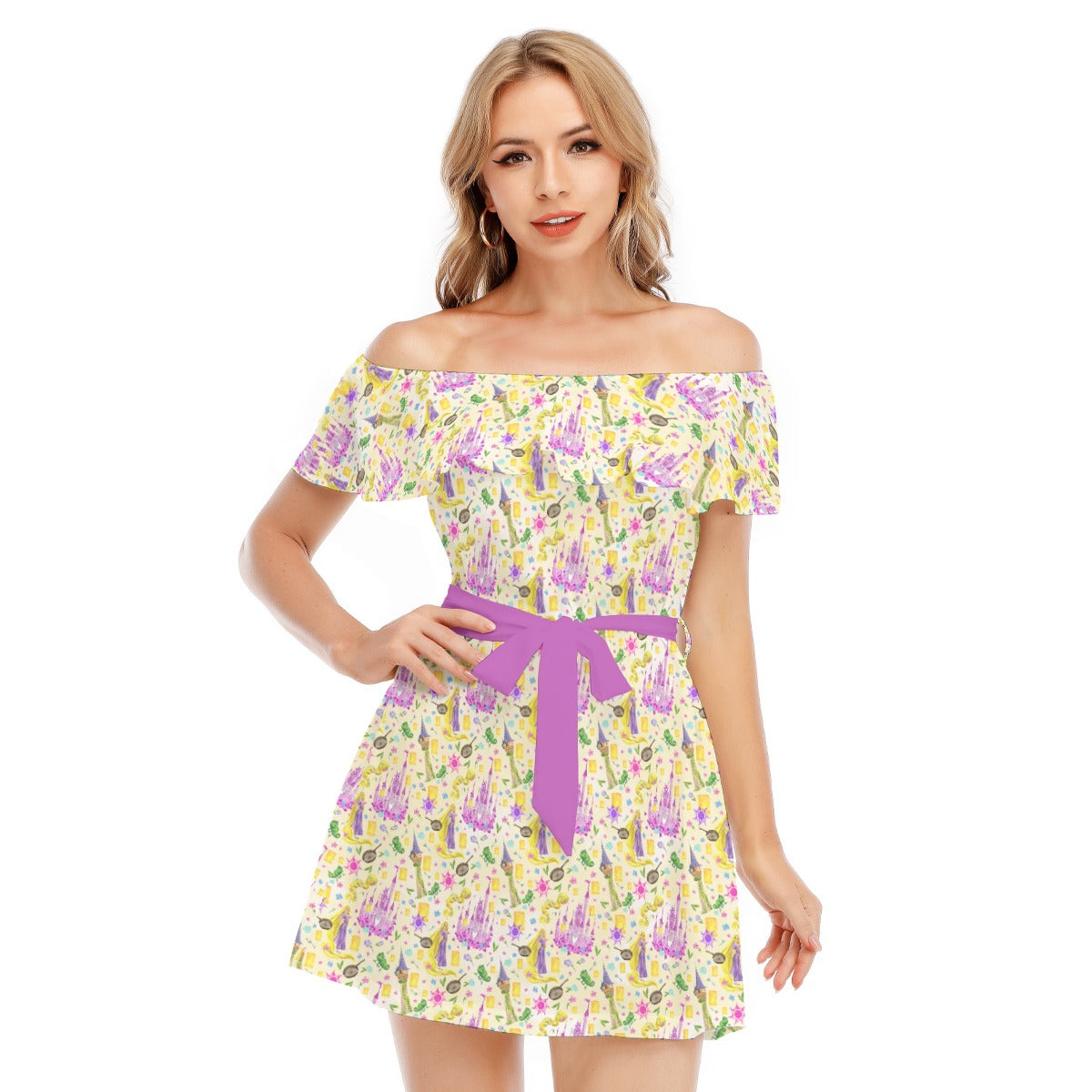 Watercolor Golden Hair Kingdom - Women's Off-shoulder Ruffle Dress
