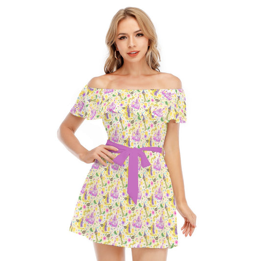 Watercolor Golden Hair Kingdom - Women's Off-shoulder Ruffle Dress