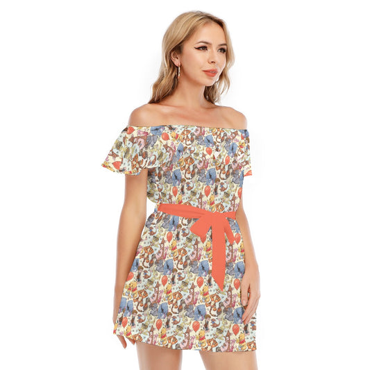 Woodland Friends Sketch - Women's Off-shoulder Ruffle Dress