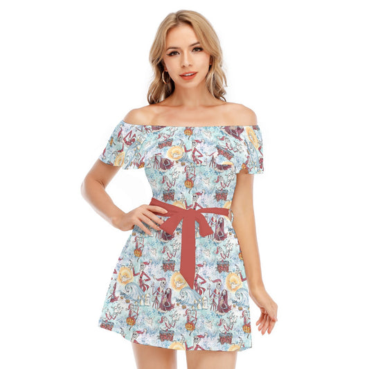 Santa Jack with Sally & Ghost Dog - Women's Off-shoulder Ruffle Dress