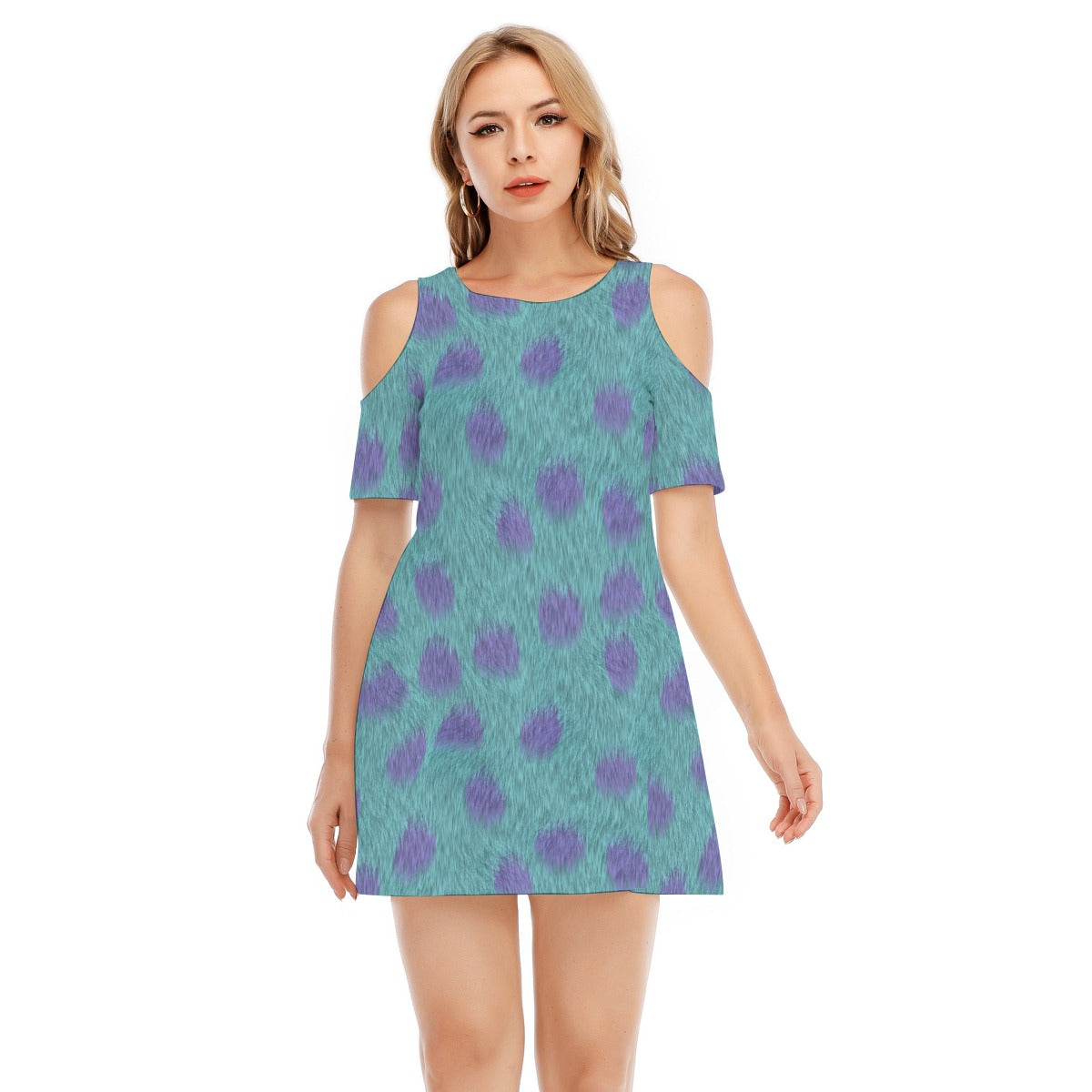 Turquoise Monster Spots - Women's Cold Shoulder Cotton Dress