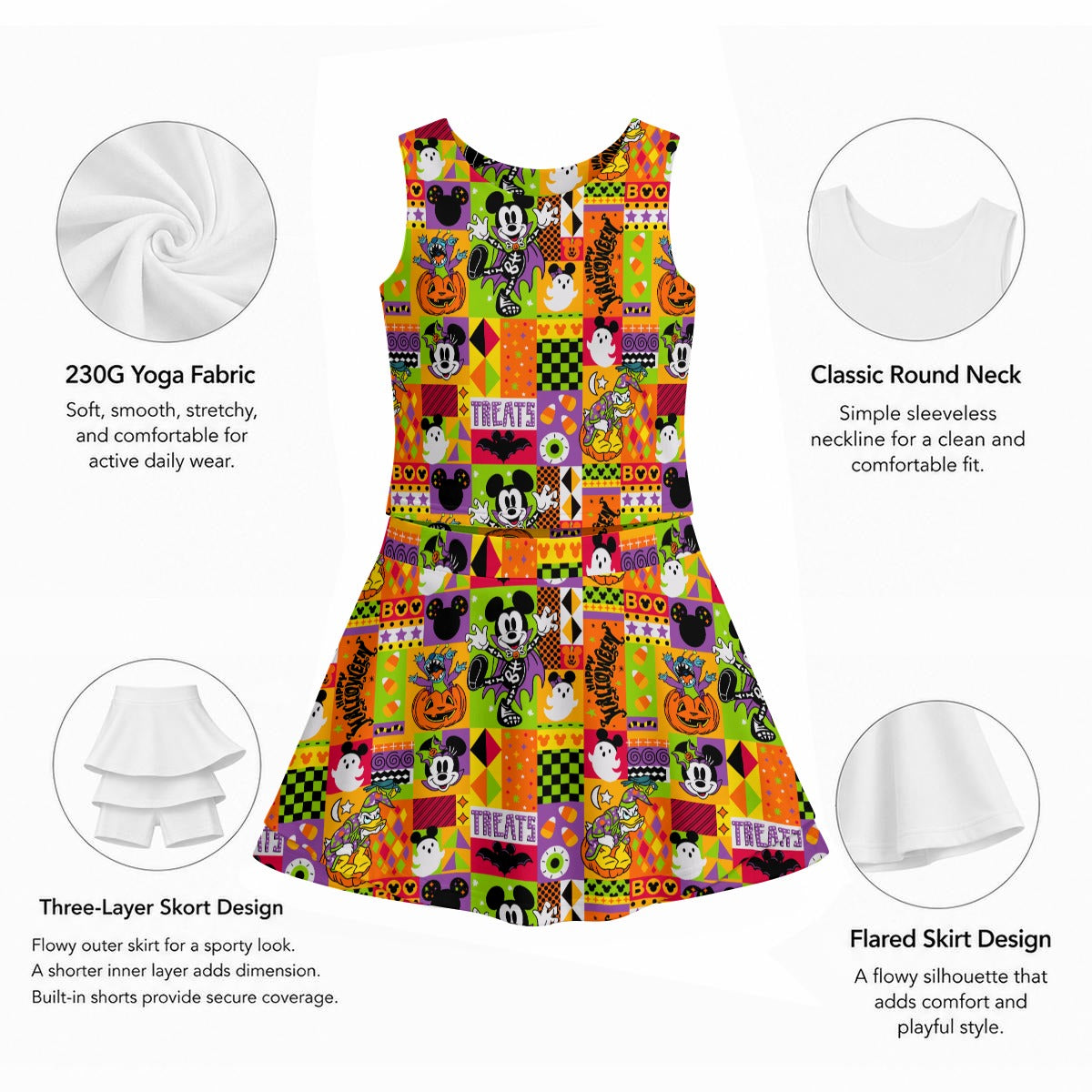 Spooky Patchwork Treats - Women’s Athletic Skort Set with Open-Back Crop Top