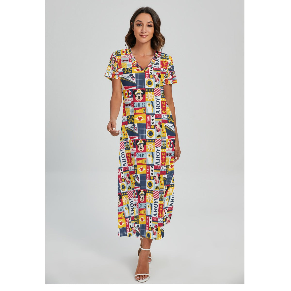 Nautical Cruise Patchwork - Women's V-Neck Side Split Maxi Dress