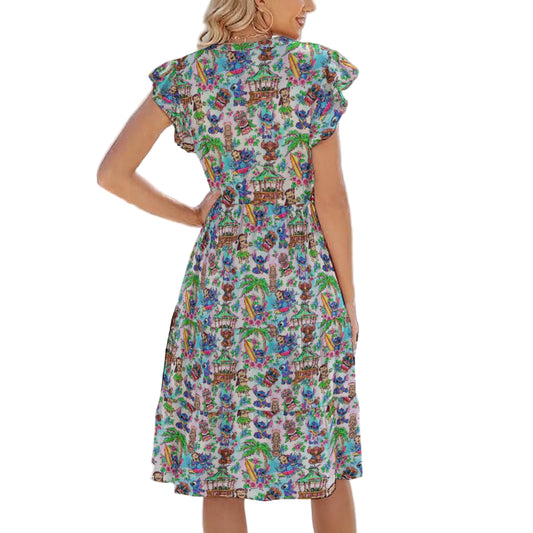 Bright Island Chaos Hand Drawn - Women's Tiered Pocket Midi Dress
