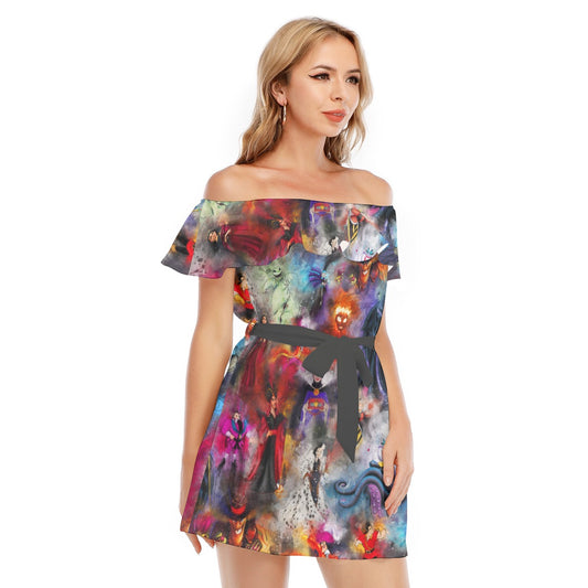 Watercolor Wicked Villains - Women's Off-shoulder Ruffle Dress