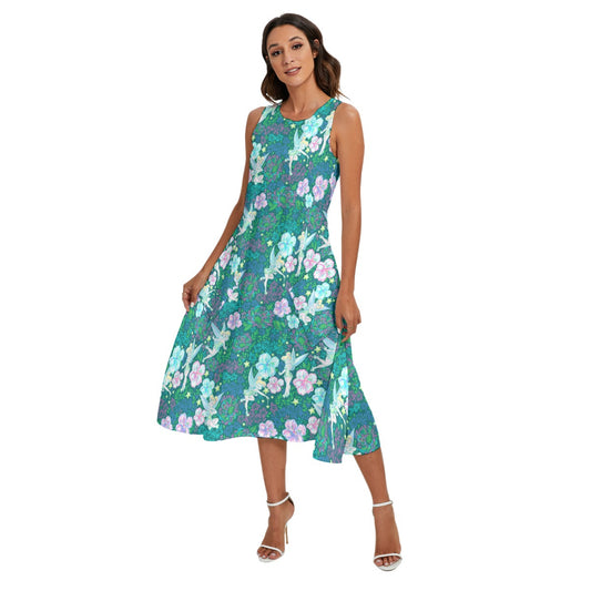 Pixie in Neon Blooms - Women’s Diagonal Pocket Midi Dress