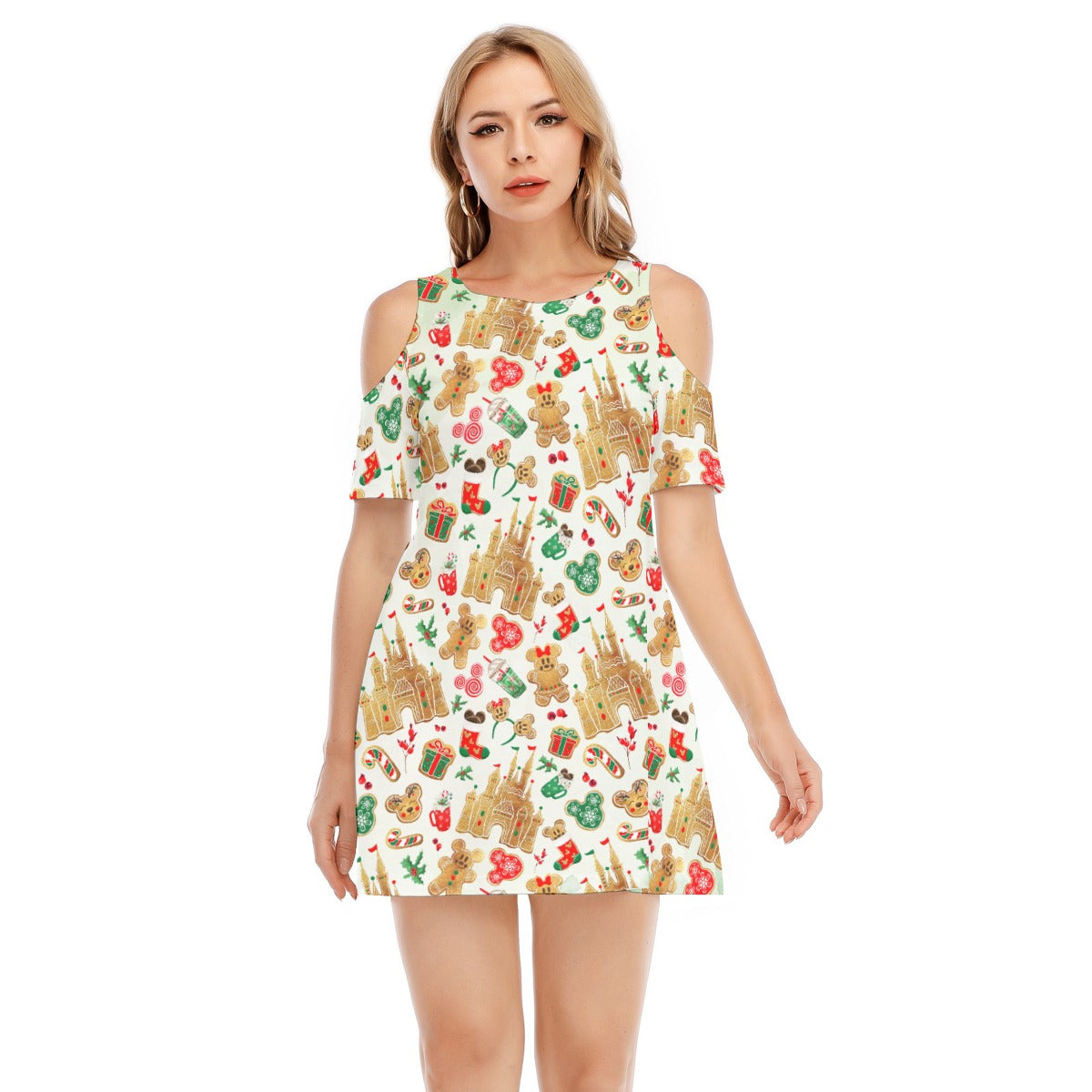 Gingerbread Castle Holiday Treats - Women's Cold Shoulder Cotton Dress