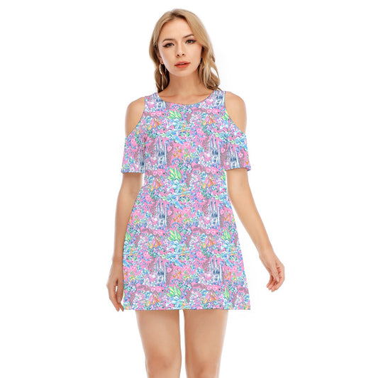 Bright Tropical Dreams - Enchanted Squeaky Helpers - Women's Cold Shoulder Cotton Dress