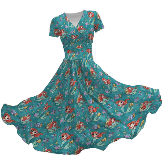 Whimsical Ocean Princess - Women's V-Neck Ruched Midi Dress