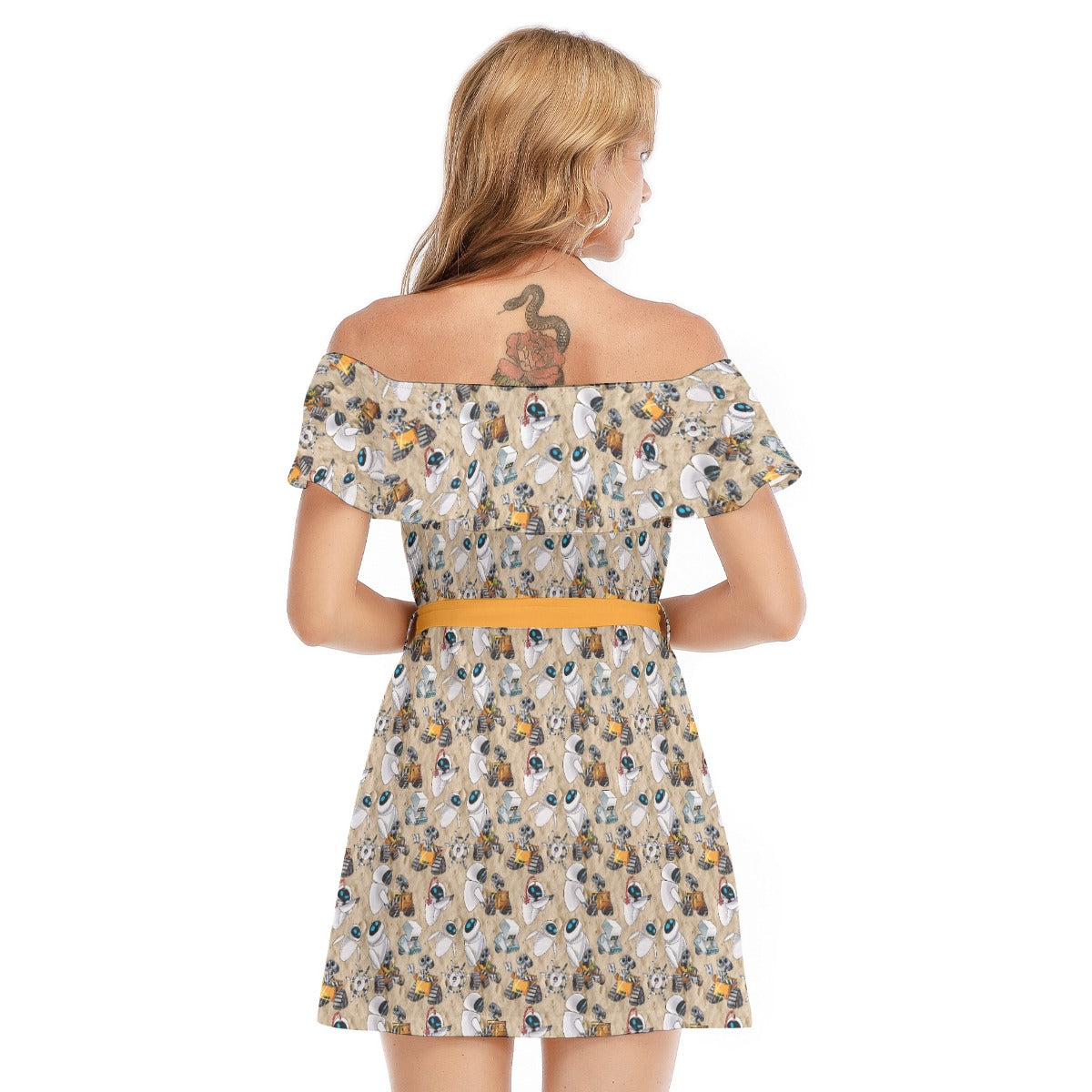 Robot Romance Sketched - Women's Off-shoulder Ruffle Dress