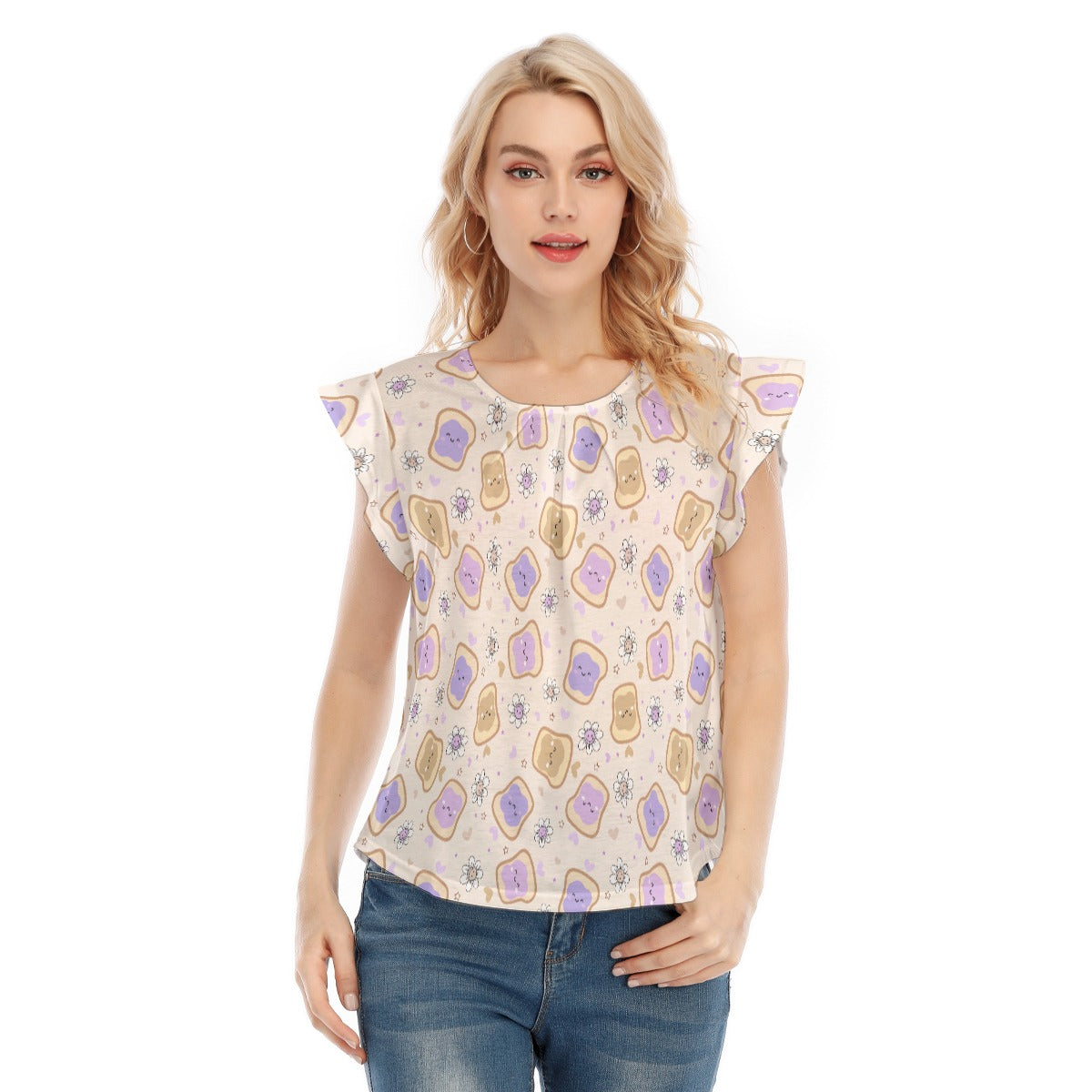 Kawaii Peanut Butter and Jelly Sandwiches - Women’s Flutter Sleeve Top