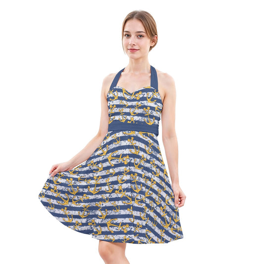 Nautical Mouse Ear Anchors - Women's Halter Vintage Pocket Dress