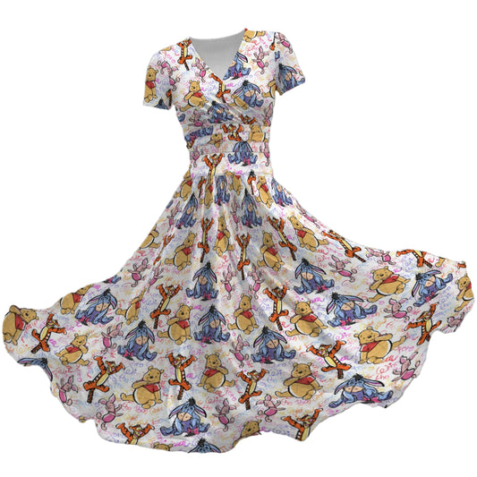 Beloved Forest Friends Sketch Autographs - Women's V-Neck Ruched Midi Dress