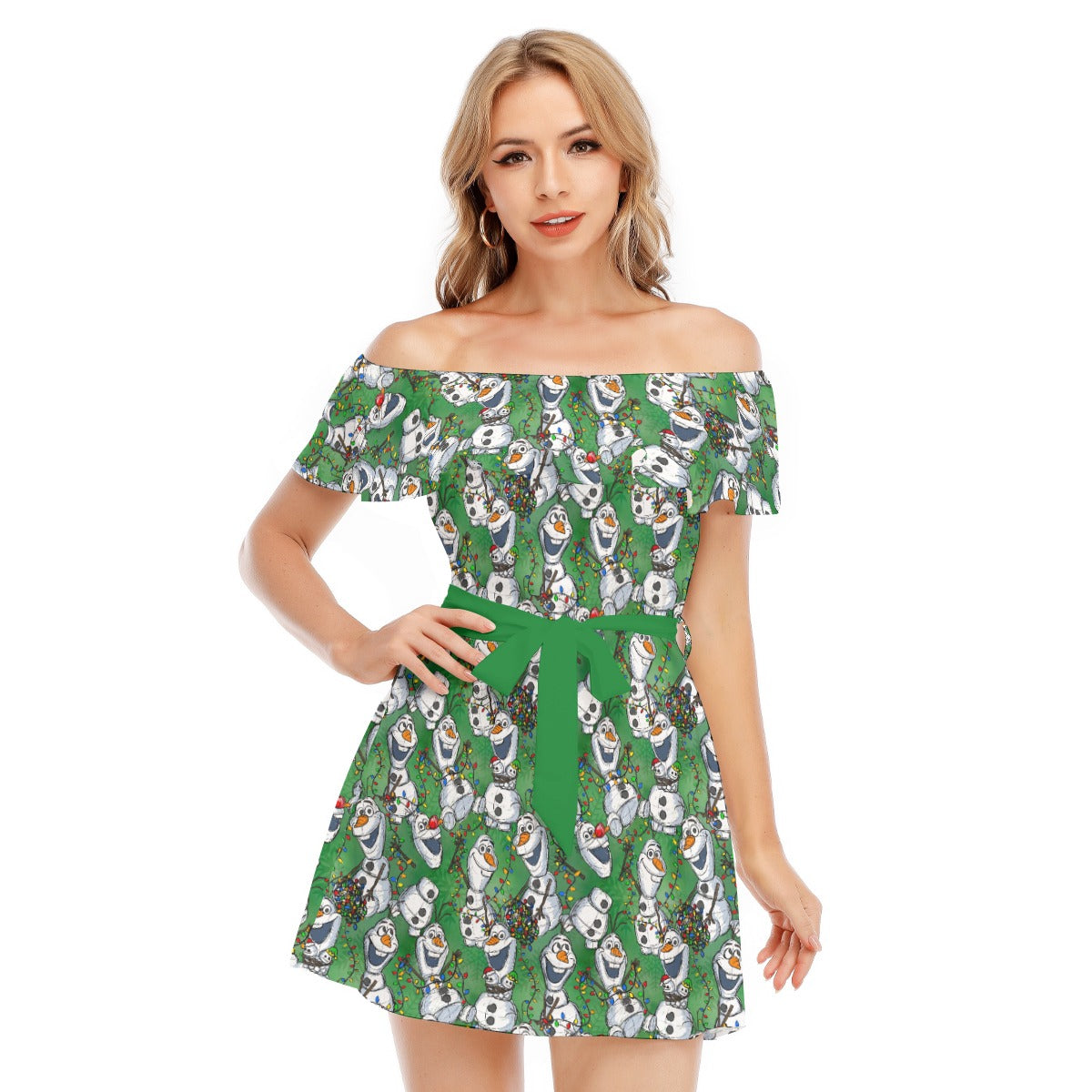 Sketched Snowman Christmas - Women's Off-shoulder Ruffle Dress