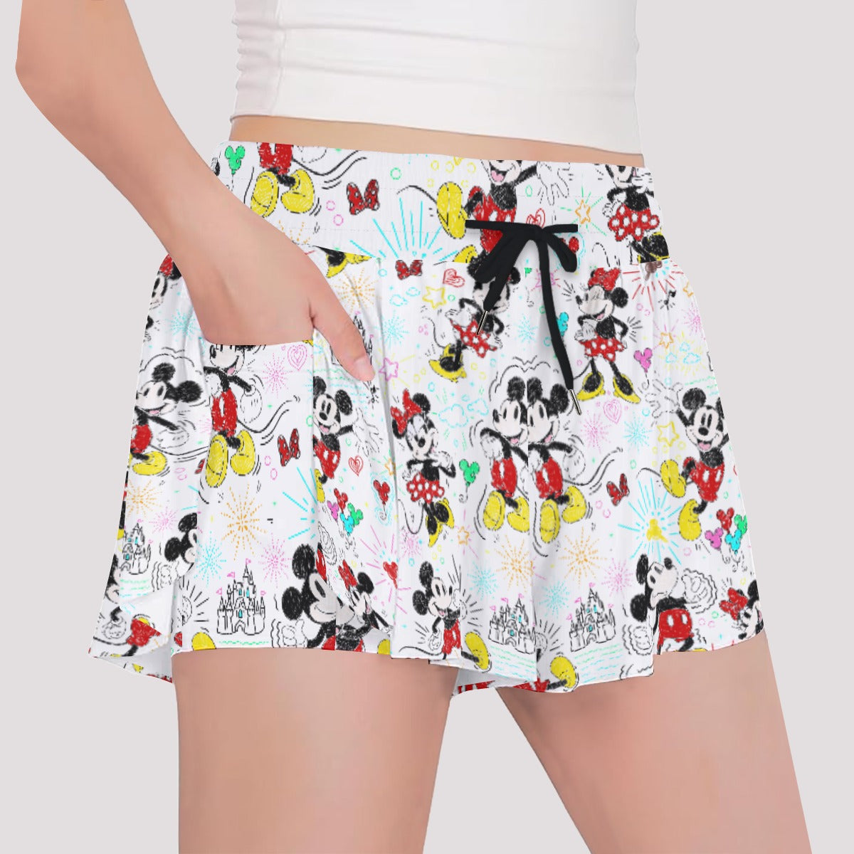 Doodle Mouse Magic - Girls’ Flowy Pocket Shorts