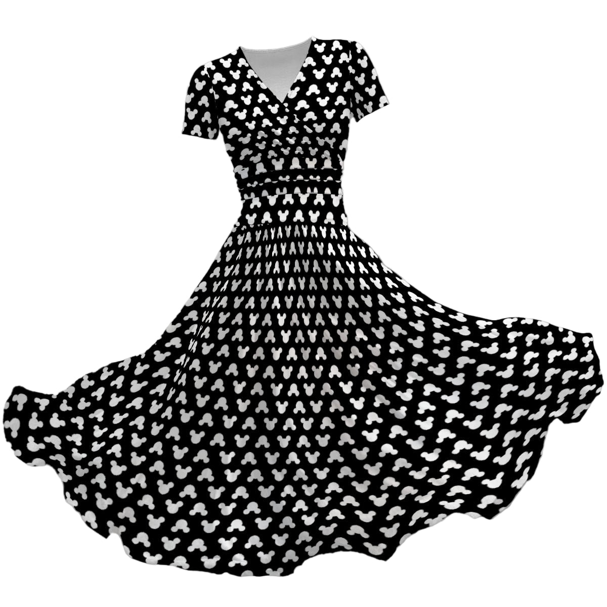 Playful Polka Dot Ears Black - Women's V-Neck Ruched Midi Dress
