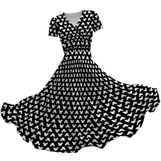Playful Polka Dot Ears Black - Women's V-Neck Ruched Midi Dress