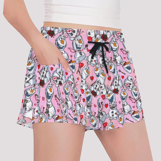 Sketched Snowman Valentine’s Day - Girls’ Flowy Pocket Shorts