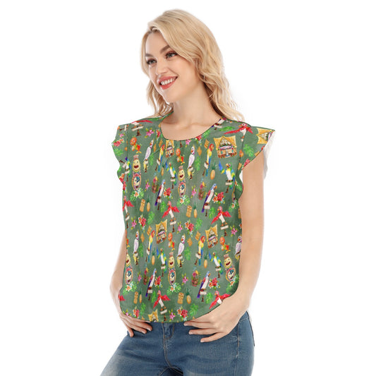 Orange Bird & Tiki Friends - Women’s Flutter Sleeve Top