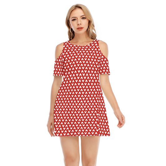 Playful Polka Dot Ears Red - Women's Cold Shoulder Cotton Dress