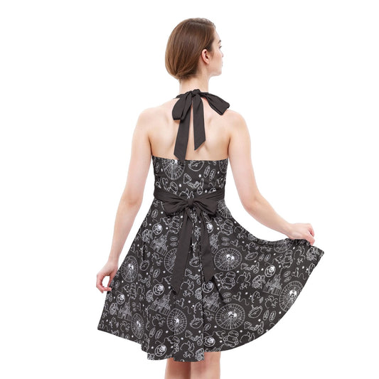 Monochrome Theme Park Icons - Women's Halter Vintage Pocket Dress