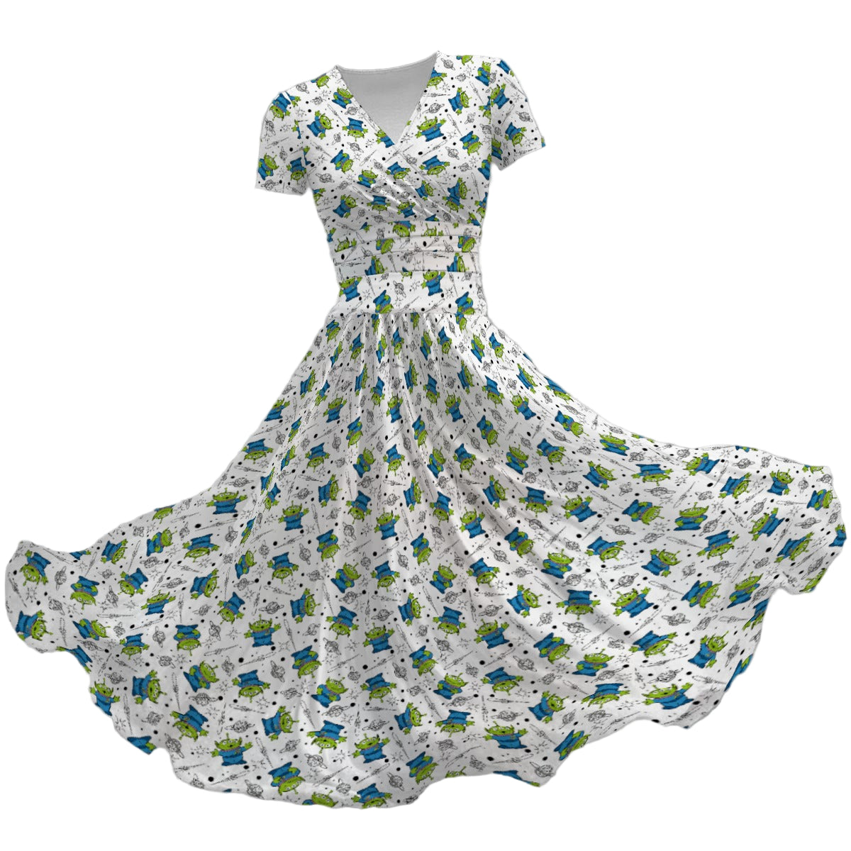 Playful Green Aliens on White - Women's V-Neck Ruched Midi Dress