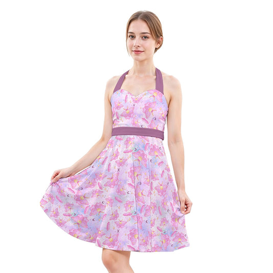 Pink Crystal Lunar Moths - Women's Halter Vintage Pocket Dress