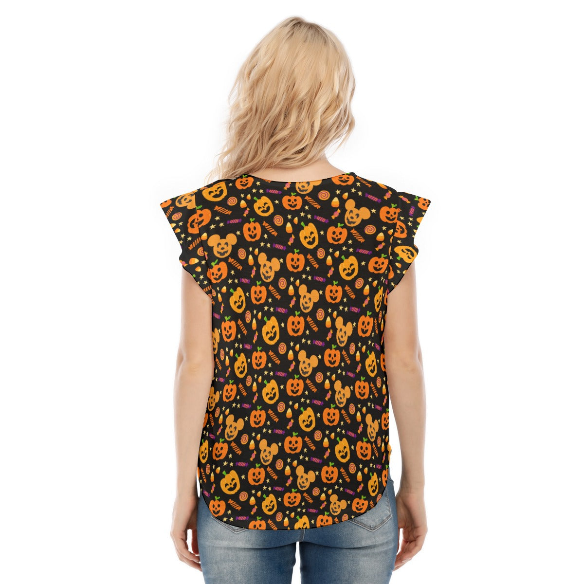 Cheerful Pumpkin Mouse Halloween - Women’s Flutter Sleeve Top