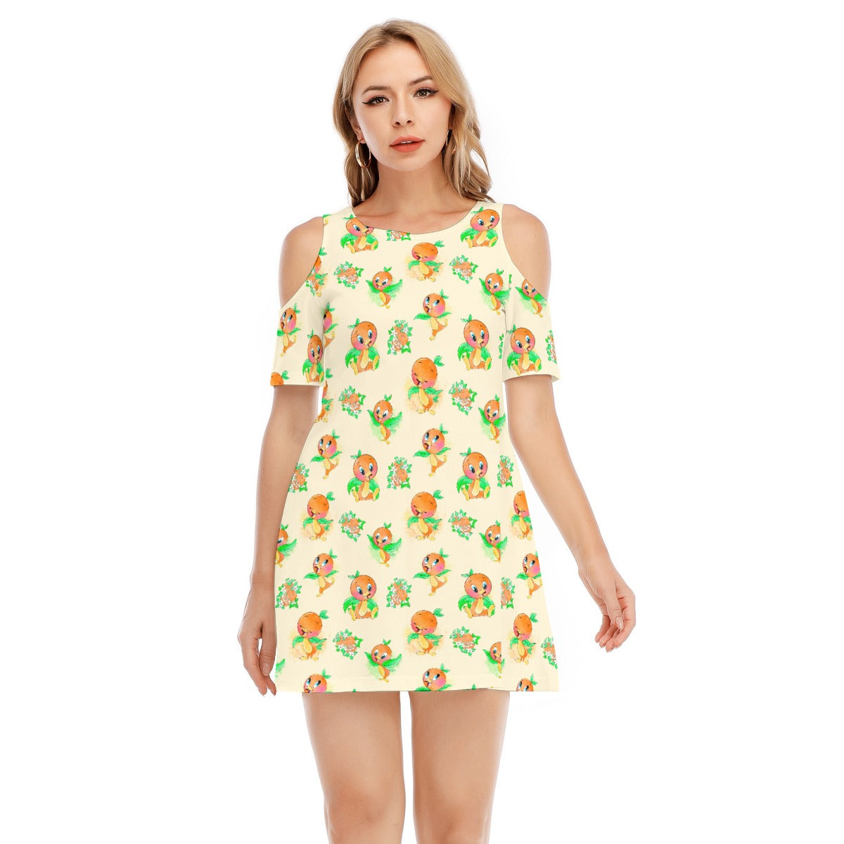 Citrus Charm Bird - Women's Cold Shoulder Cotton Dress