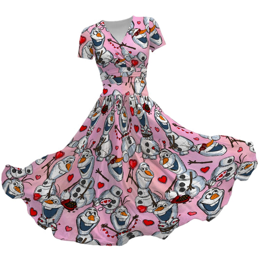 Sketched Snowman Valentine’s Day - Women's V-Neck Ruched Midi Dress