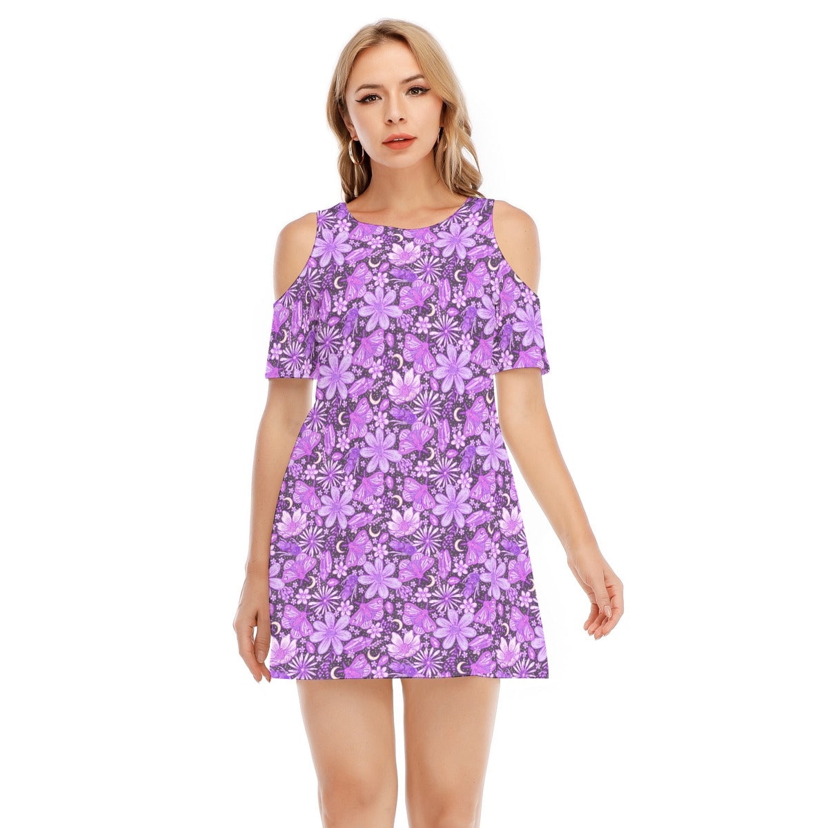 Purple Crystal Moths - Women's Cold Shoulder Cotton Dress