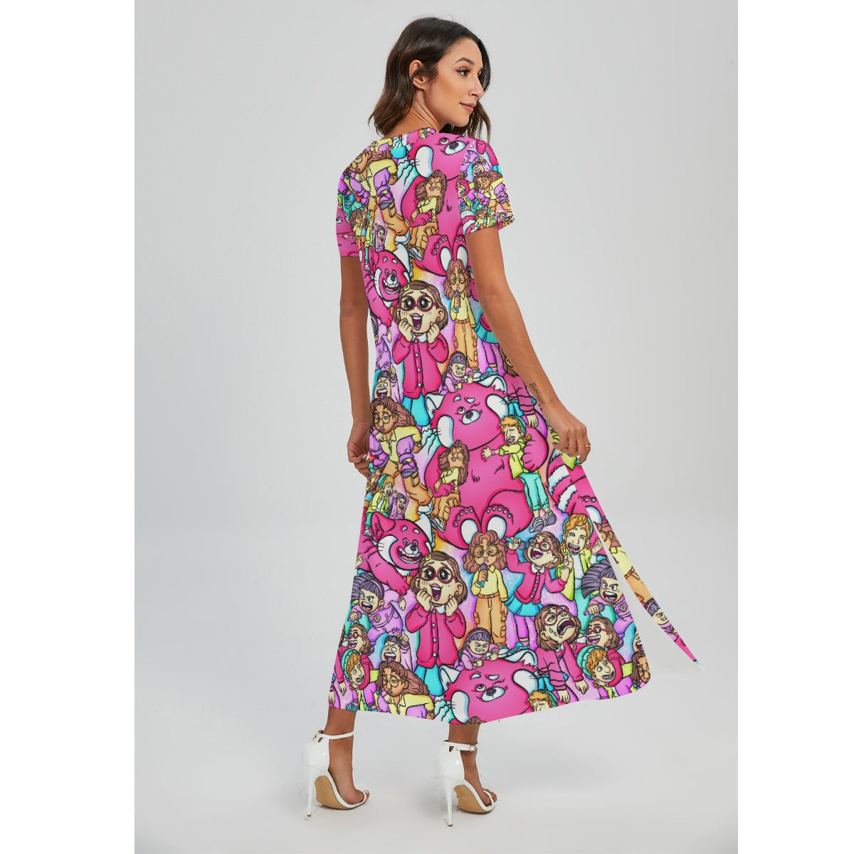 Red Panda Chaos Scenes - Women's V-Neck Side Split Maxi Dress
