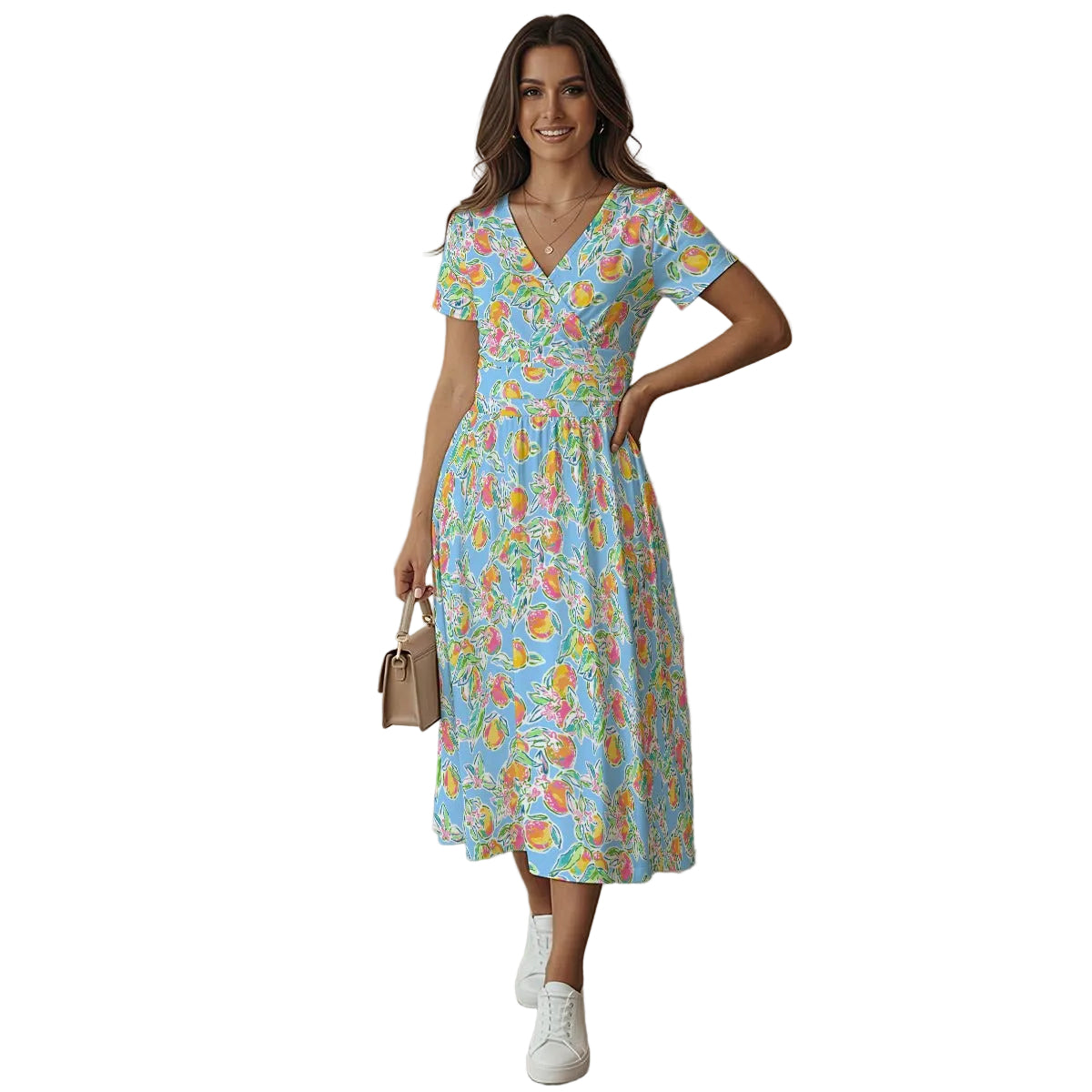 Peachy Keen - Women's V-Neck Ruched Midi Dress