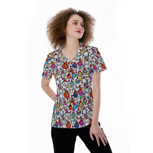 Festive Character Baubles on White - Women's Short Sleeve V-Neck T-Shirt
