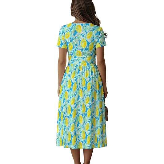 Lemon Drop Daydream - Women's V-Neck Ruched Midi Dress