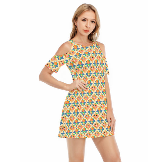 Retro Citrus Play - Women's Cold Shoulder Cotton Dress