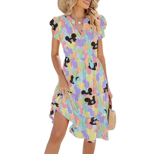 Pastel Mouse Ear Balloons - Women's Tiered Pocket Midi Dress