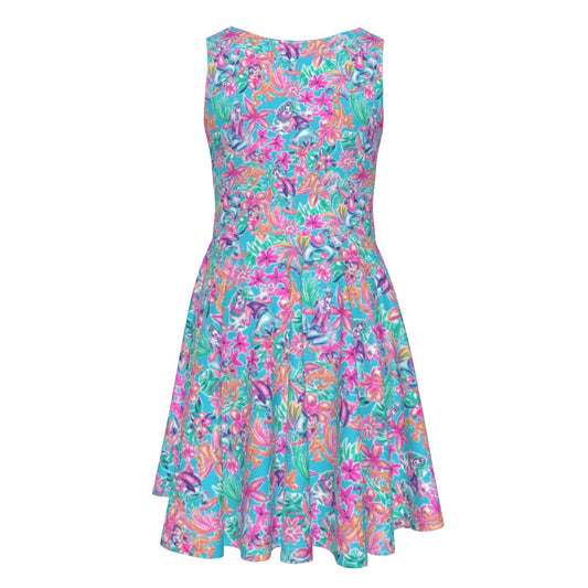 Bright Tropical Bloom - Goofy & Pluto - Kid's Sleeveless Skater Dress
