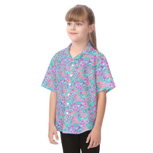 Bright Tropical Bloom - Goofy & Pluto - Kid's Hawaiian Button Up Shirt