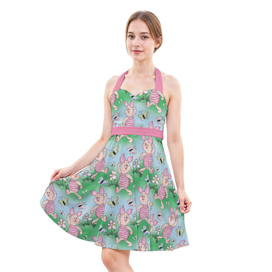 Sketched Shy Friend and Butterflies - Women's Halter Vintage Pocket Dress