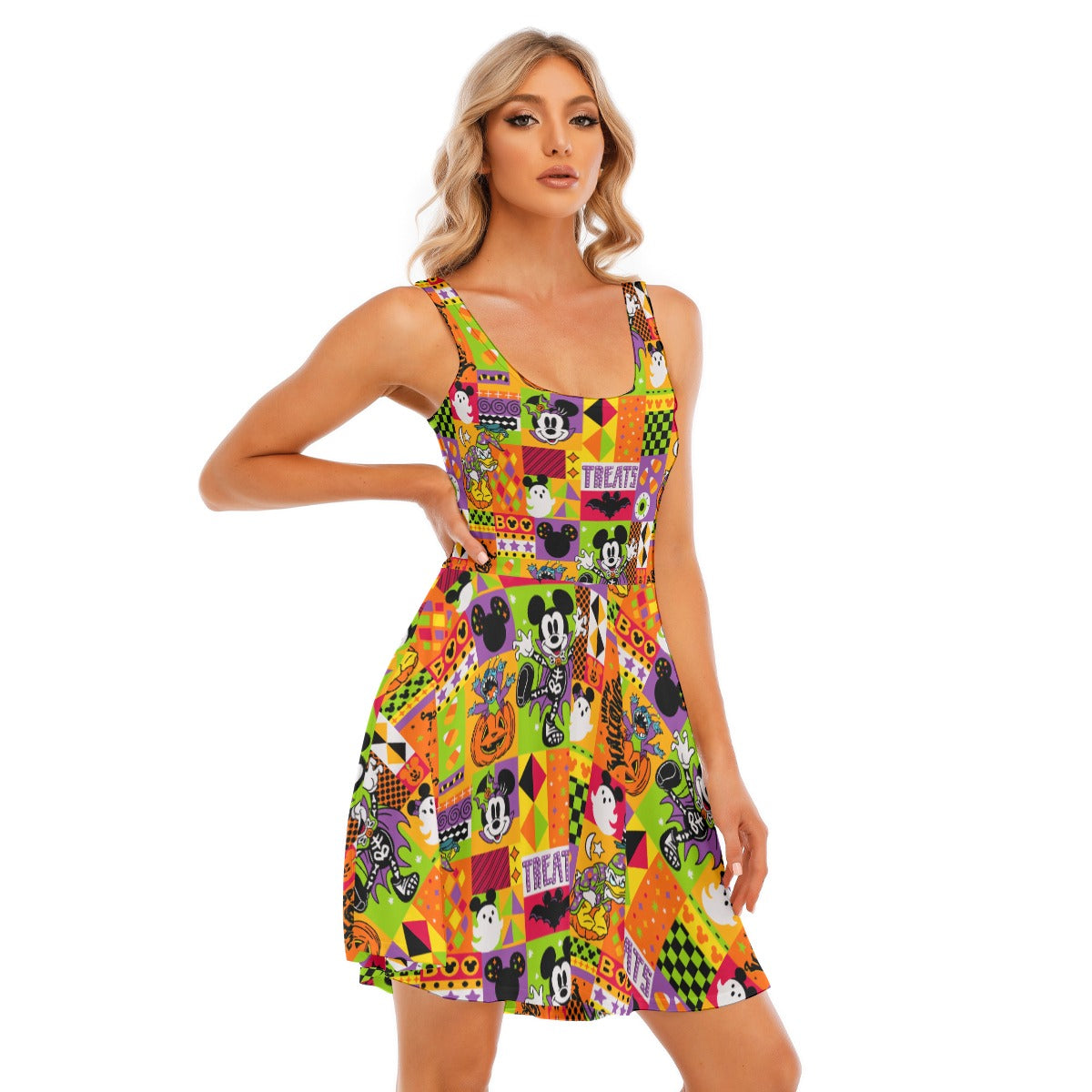 Spooky Patchwork Treats - Women's Sleeveless Pocket Skater Dress