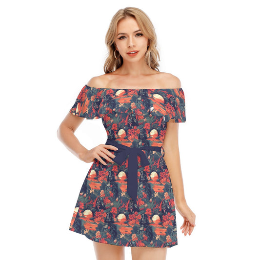 Tropical Dark Side Escape - Women's Off-shoulder Ruffle Dress
